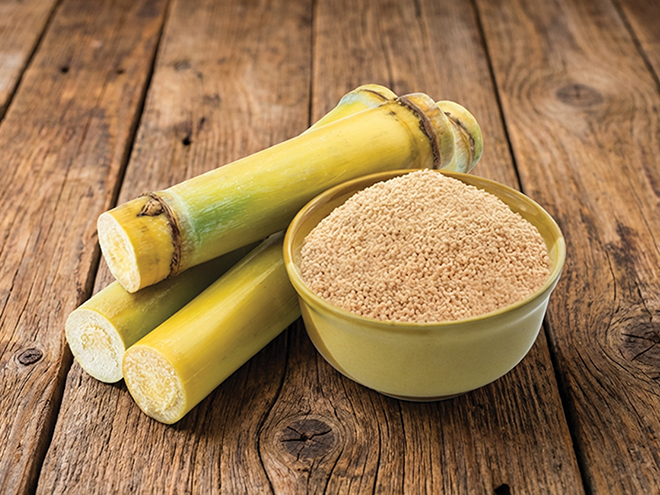 Savannah Gold brand specialty cane sweetener crystals in a bowl