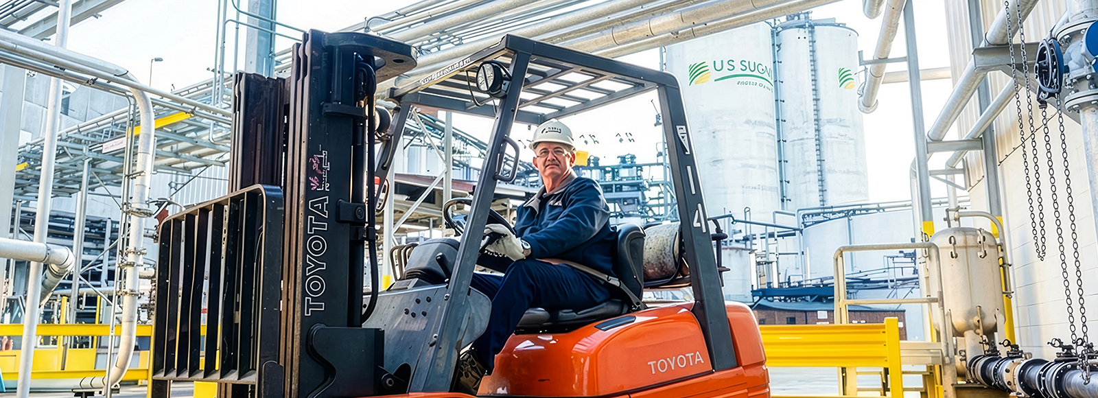 U.S. Sugar factory worker inspecting specialty cane sweetener production on the refinery floor