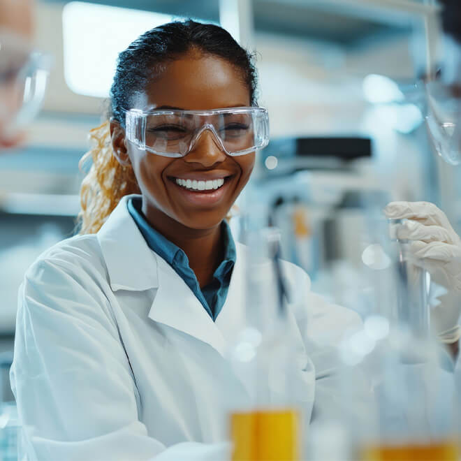 U.S. Sugar R&D scientist in safety goggles examining cane sweetener samples in a laboratory while developing tailored ingredient solutions.